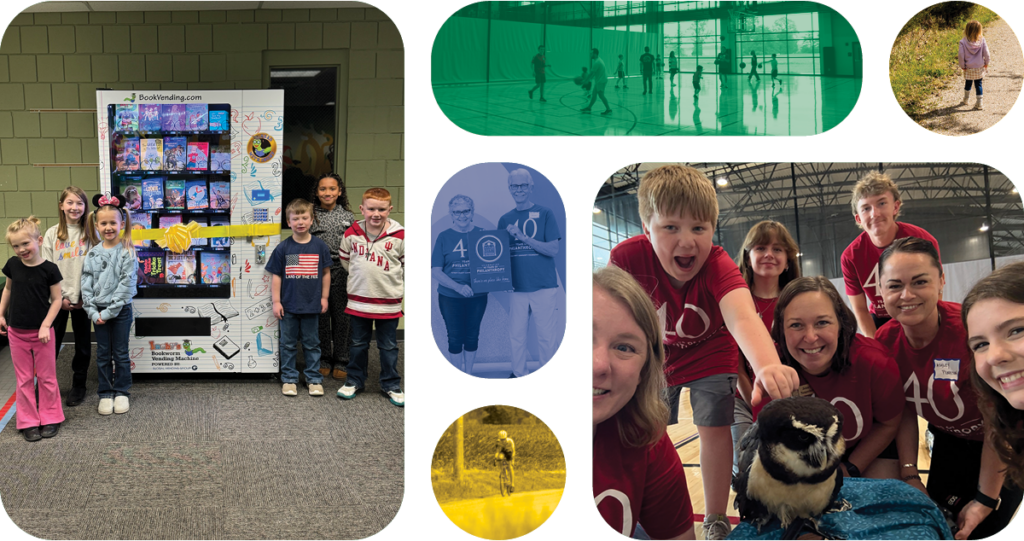 Collage of community images including portrait of school children