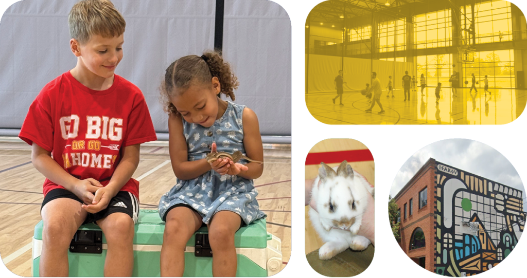 Grid of community images including young boy and girl playing with bunny
